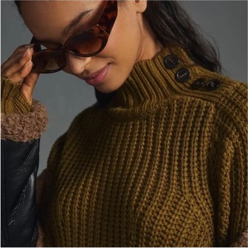 Anthropologie Moon River L Olive Funnel Neck Puff Sleeve Sweater Dress Cozy Chic - Picture 13 of 13